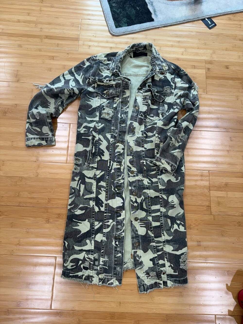 Mustard Seed Women's Distressed Camo Long Denim Jacket Size S